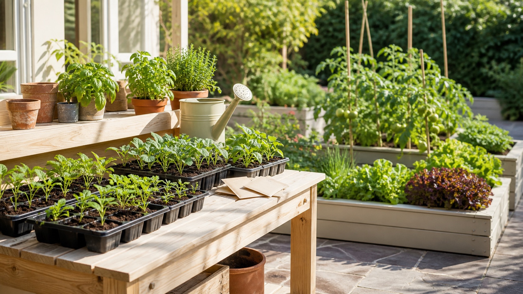 Seedling trays and young vegetables on a bright home patio beside raised garden beds
